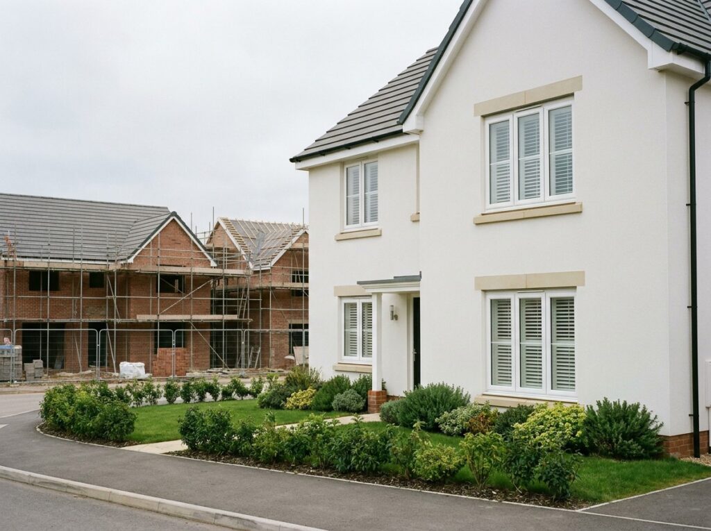 Completed new build home with plantation shutters, with houses under construction in the background — Cambridgeshire